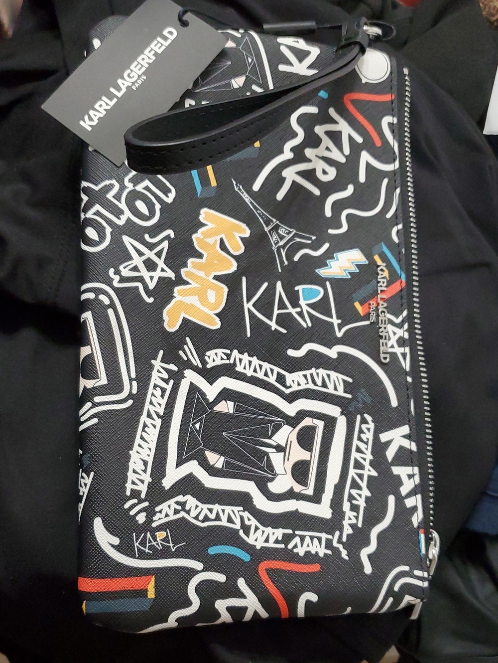 Karl Lagerfeld Black Graffiti-Print Zip Pouch with Multicolor Accents